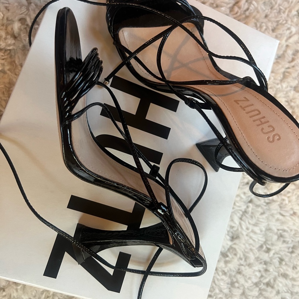 SCHUTZ Glossy Black Strappy Heels
